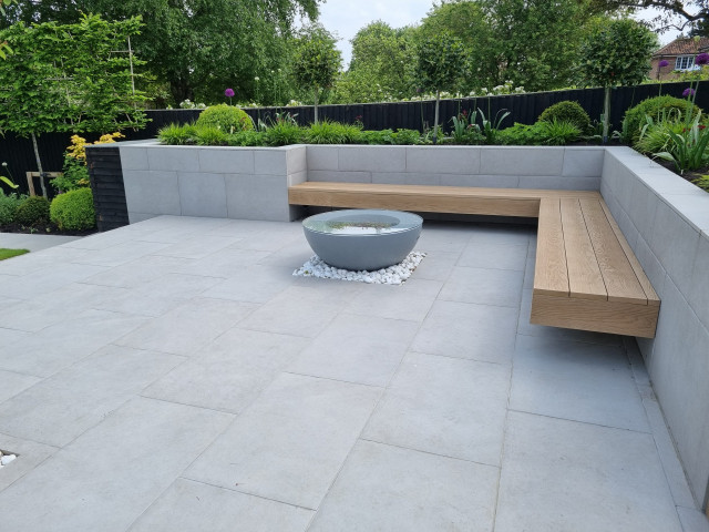 fire pit seating area in contemporary entertaining garden in swindon